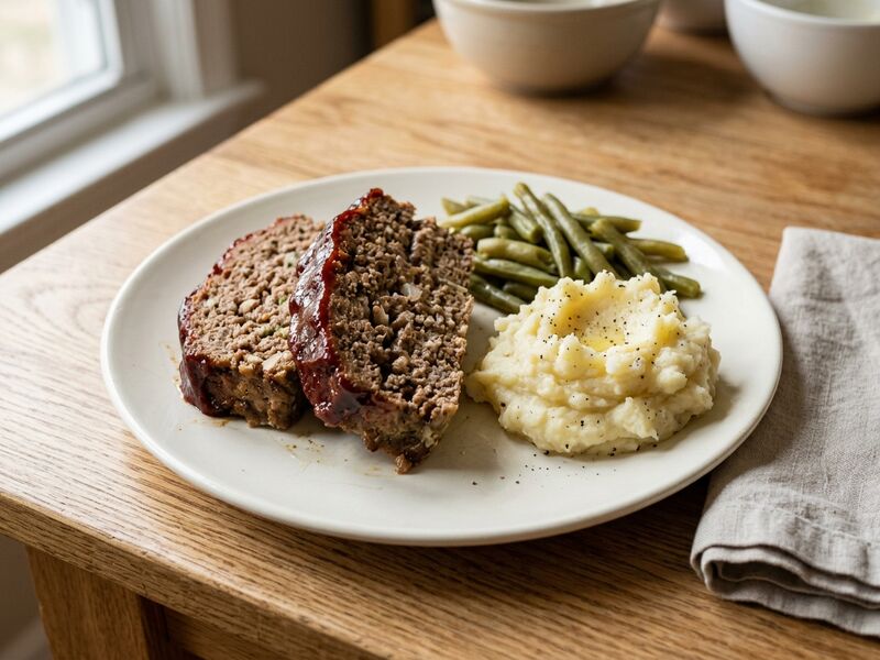 Two slices of glazed meatloaf on a plate with mashed potato and green beans.
